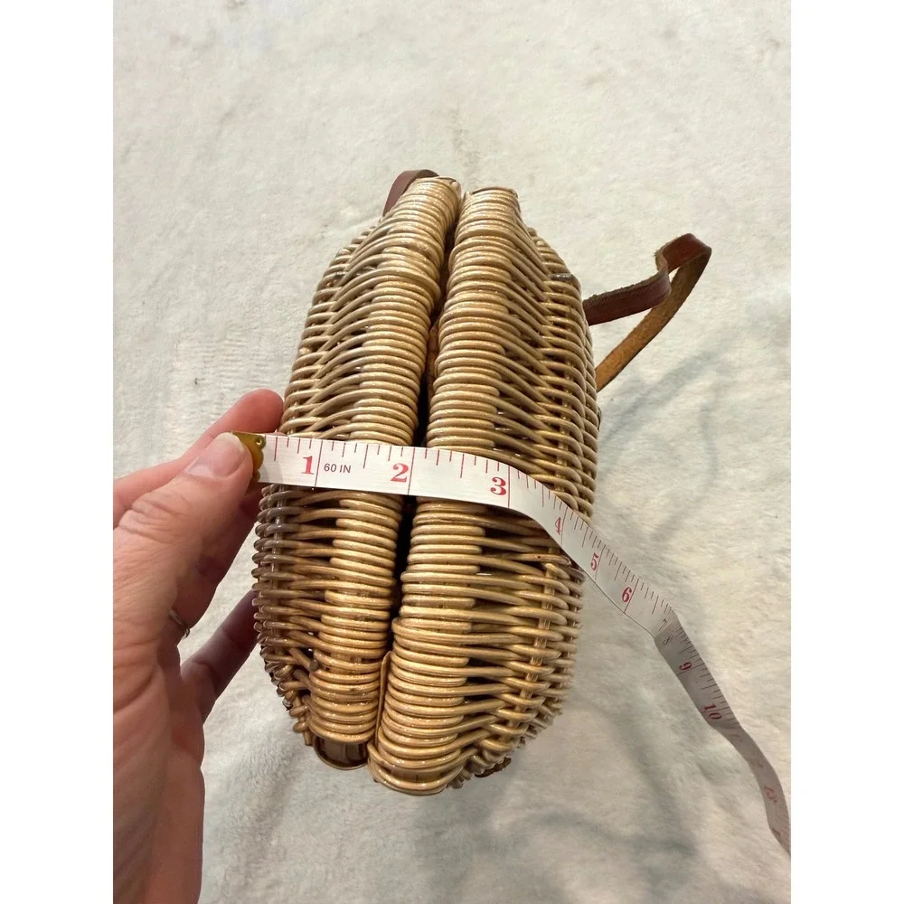 Vintage 1950s British Wicker Basket Handbag Brown Leather Trim Mid-Century Woven